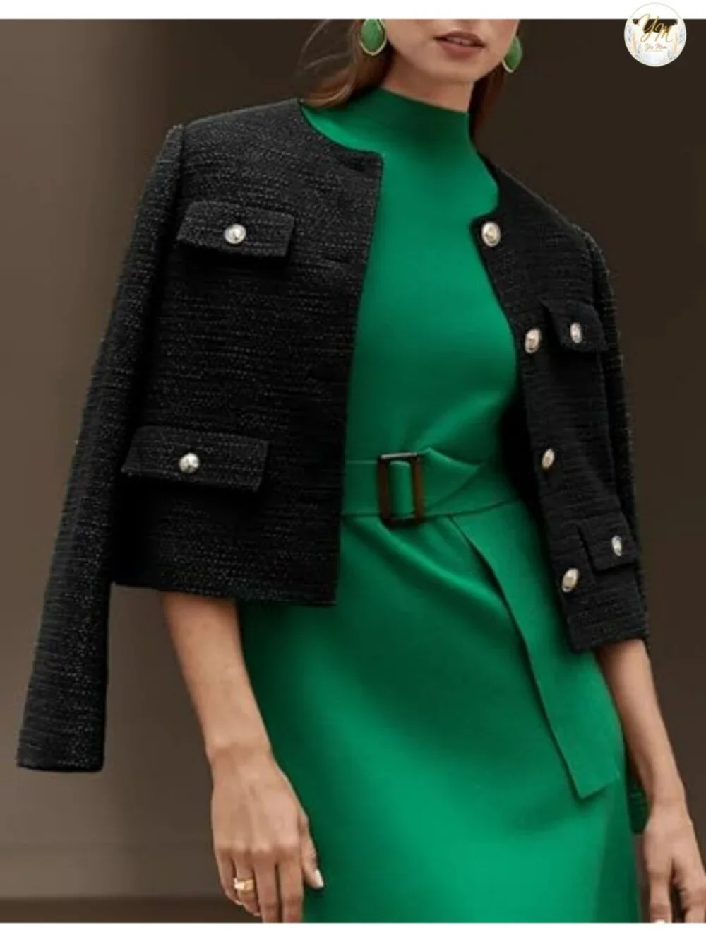 Cropped Tweed Blazer Jacket for Women Elegant Collarless Business Casual Outfit